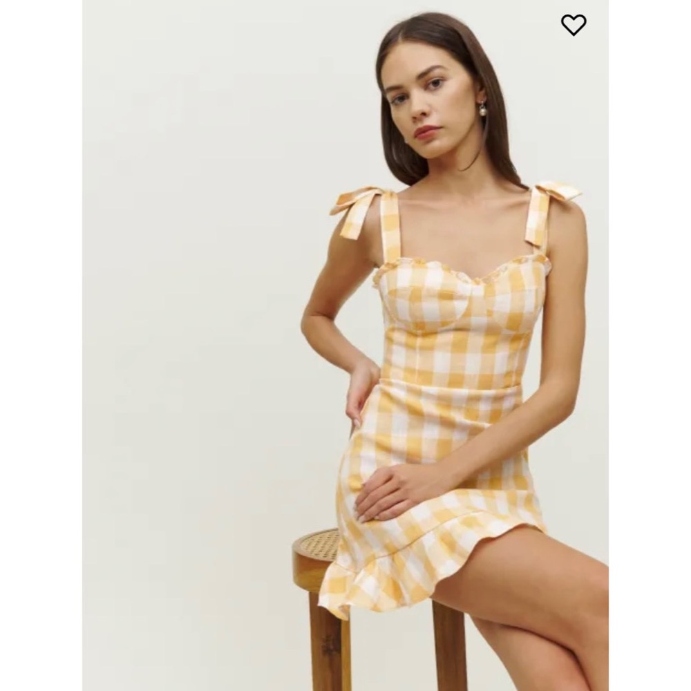 🔴 Reformation Desiree Linen Dress in Dandelion Check Yellow 0